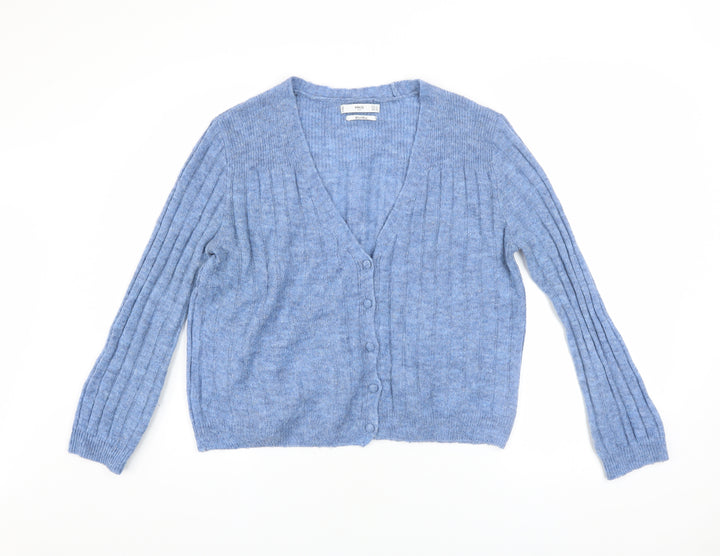 MNG Women’s Blue Wool Blend Ribbed V-Neck Button Cardigan Size 8