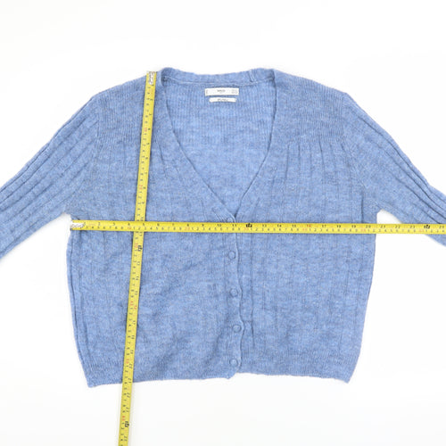 MNG Women’s Blue Wool Blend Ribbed V-Neck Button Cardigan Size 8