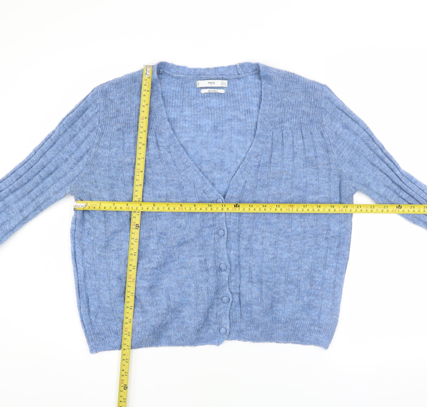MNG Women’s Blue Wool Blend Ribbed V-Neck Button Cardigan Size 8
