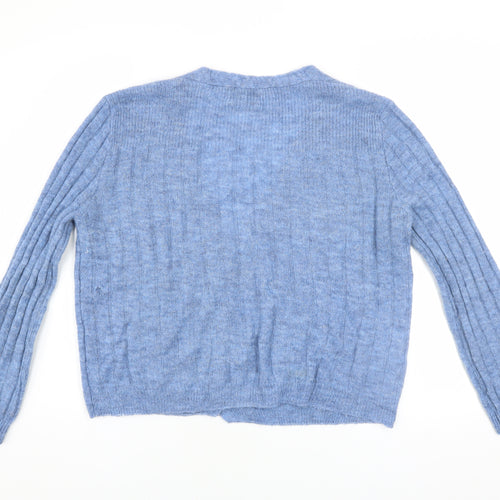 MNG Women’s Blue Wool Blend Ribbed V-Neck Button Cardigan Size 8