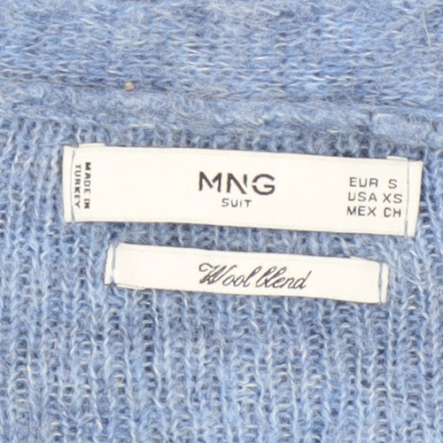 MNG Women’s Blue Wool Blend Ribbed V-Neck Button Cardigan Size 8