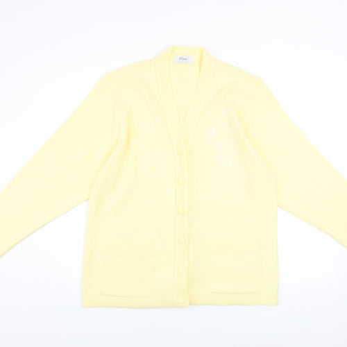 Care Women Yellow Cardigan L Knit V-Neck Button Classic Embroidered