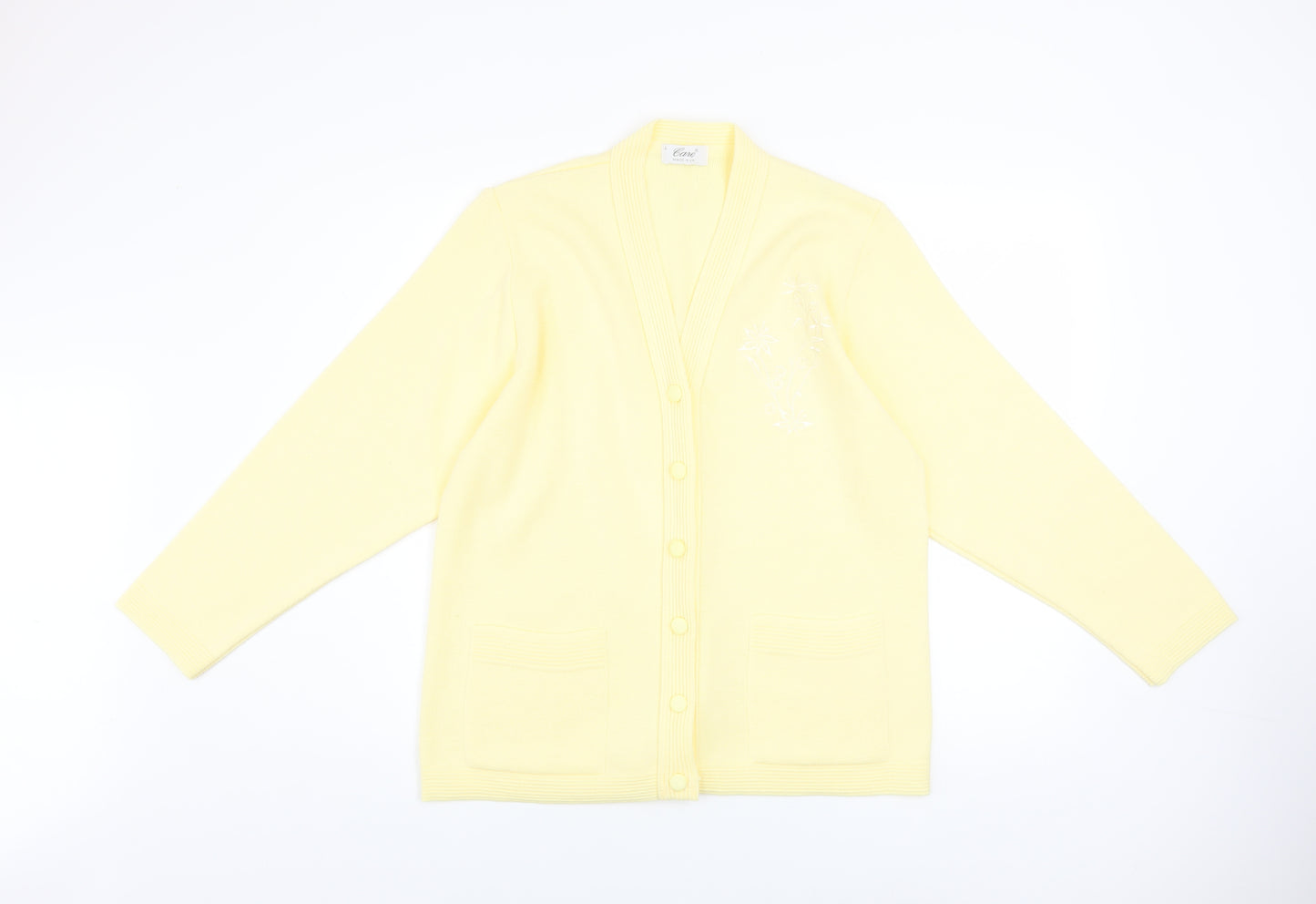 Care Women Yellow Cardigan L Knit V-Neck Button Classic Embroidered