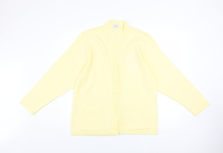 Care Women Yellow Cardigan L Knit V-Neck Button Classic Embroidered
