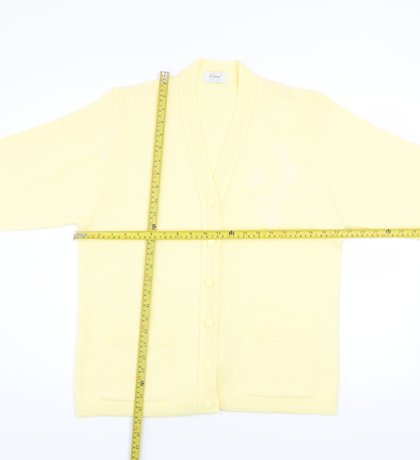 Care Women Yellow Cardigan L Knit V-Neck Button Classic Embroidered