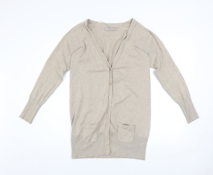 Zara Women Beige L Cardigan V-Neck Long Sleeve Knit Jumper