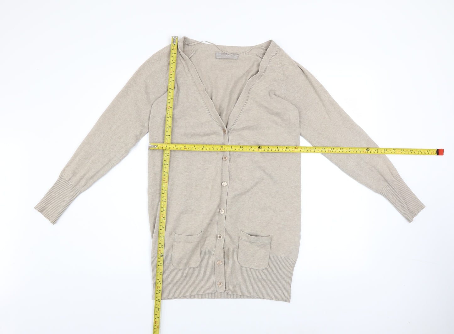 Zara Women Beige L Cardigan V-Neck Long Sleeve Knit Jumper
