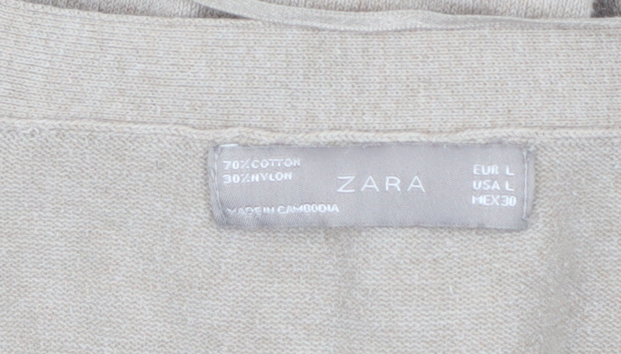Zara Women Beige L Cardigan V-Neck Long Sleeve Knit Jumper