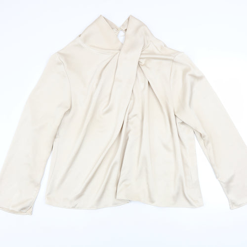 H&M Women Beige Wrap Satin Blouse Size 18 Long Sleeve High Neck