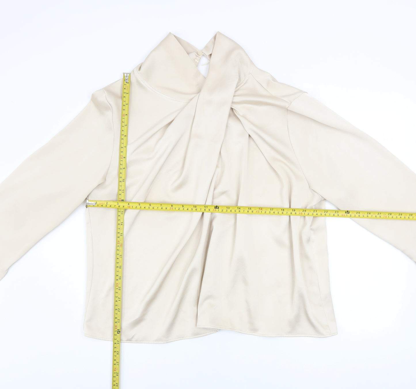H&M Women Beige Wrap Satin Blouse Size 18 Long Sleeve High Neck