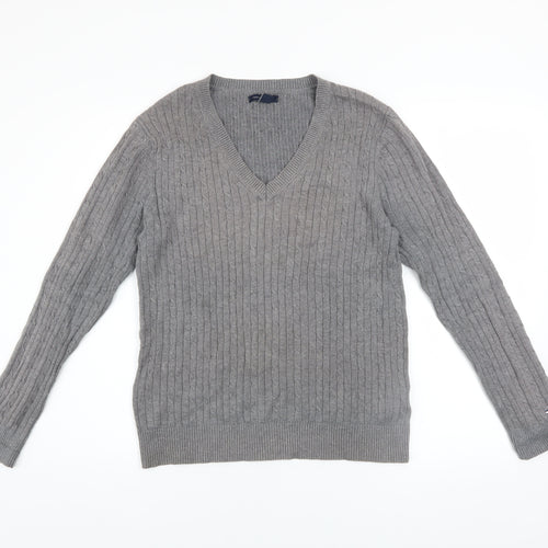 Tommy Hilfiger Men’s Grey Cotton V-Neck Cable Knit Jumper L