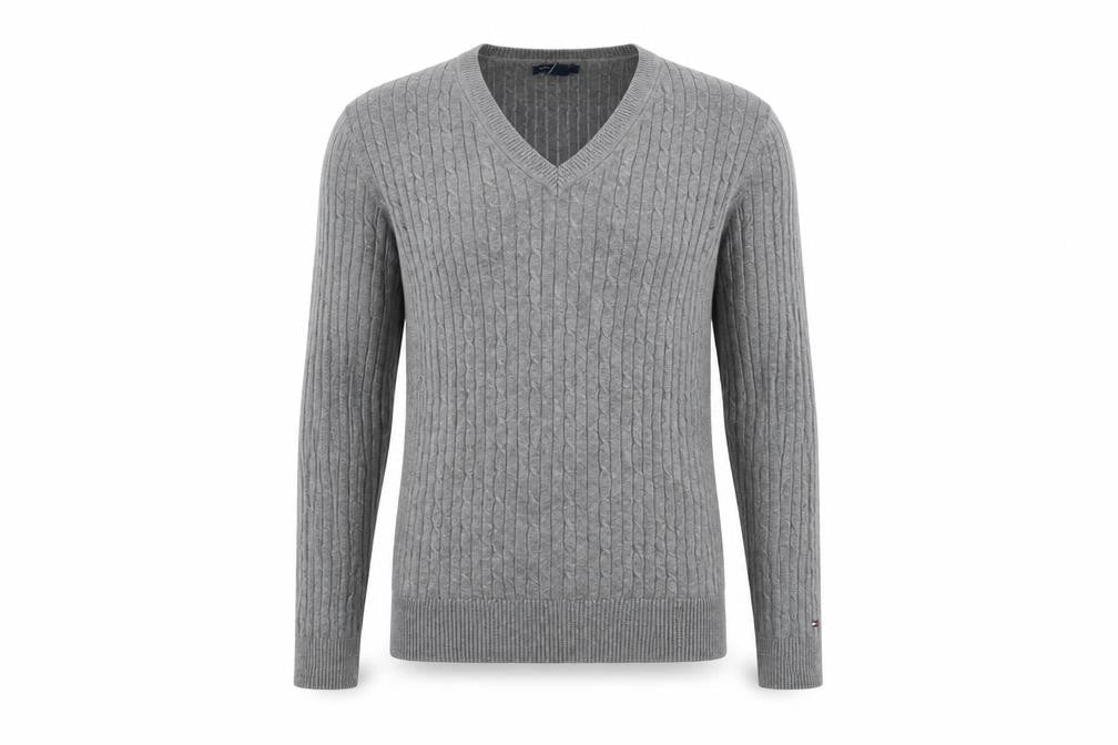 Front view of Tommy Hilfiger Men’s Grey Cotton V-Neck Cable Knit Jumper L