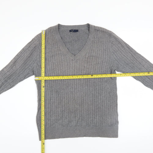 Tommy Hilfiger Men’s Grey Cotton V-Neck Cable Knit Jumper L