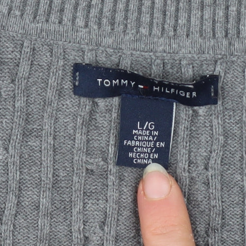 Tommy Hilfiger Men’s Grey Cotton V-Neck Cable Knit Jumper L