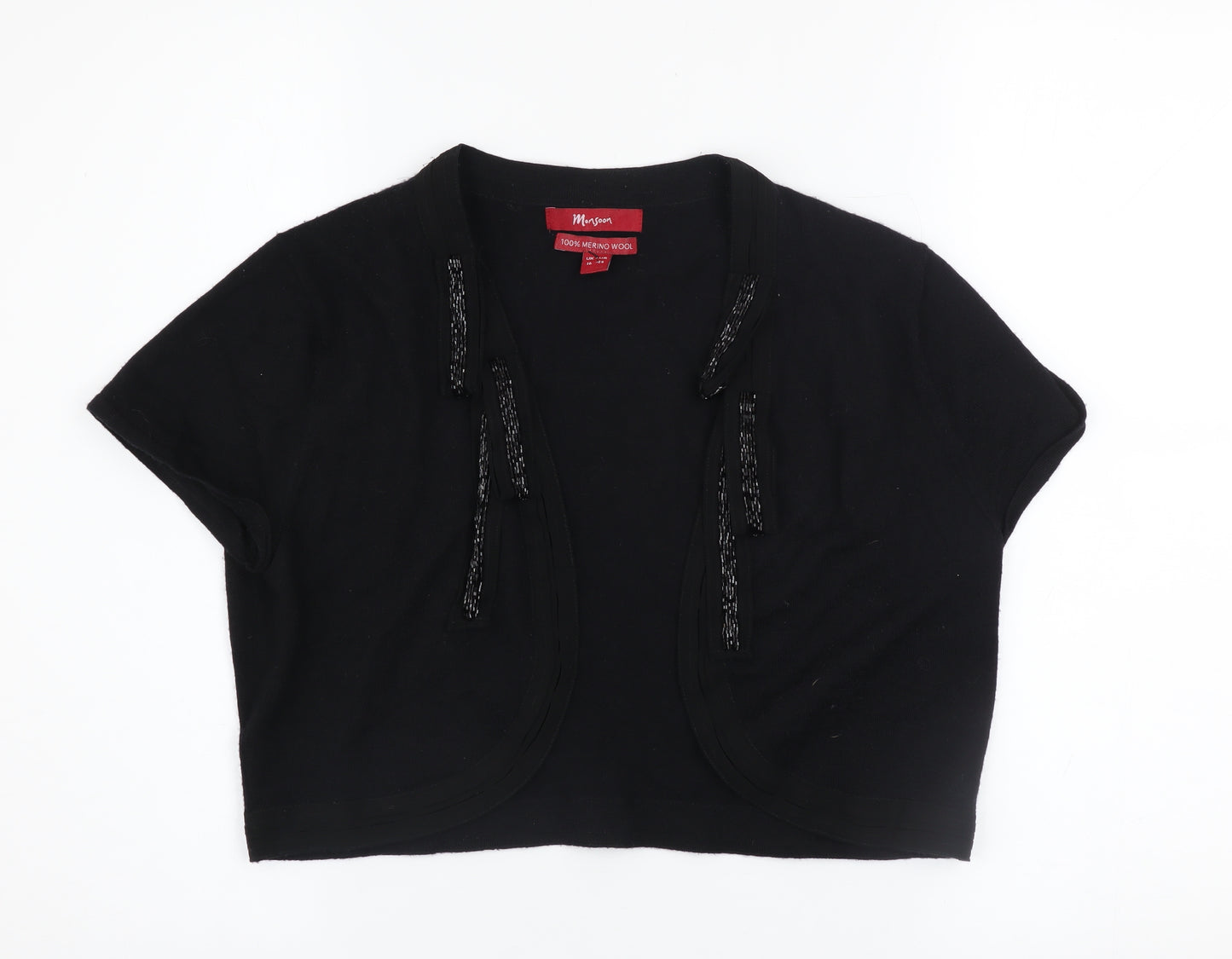 Monsoon Women’s Black Merino Wool Beaded Shrug Size 16 Short Sleeve