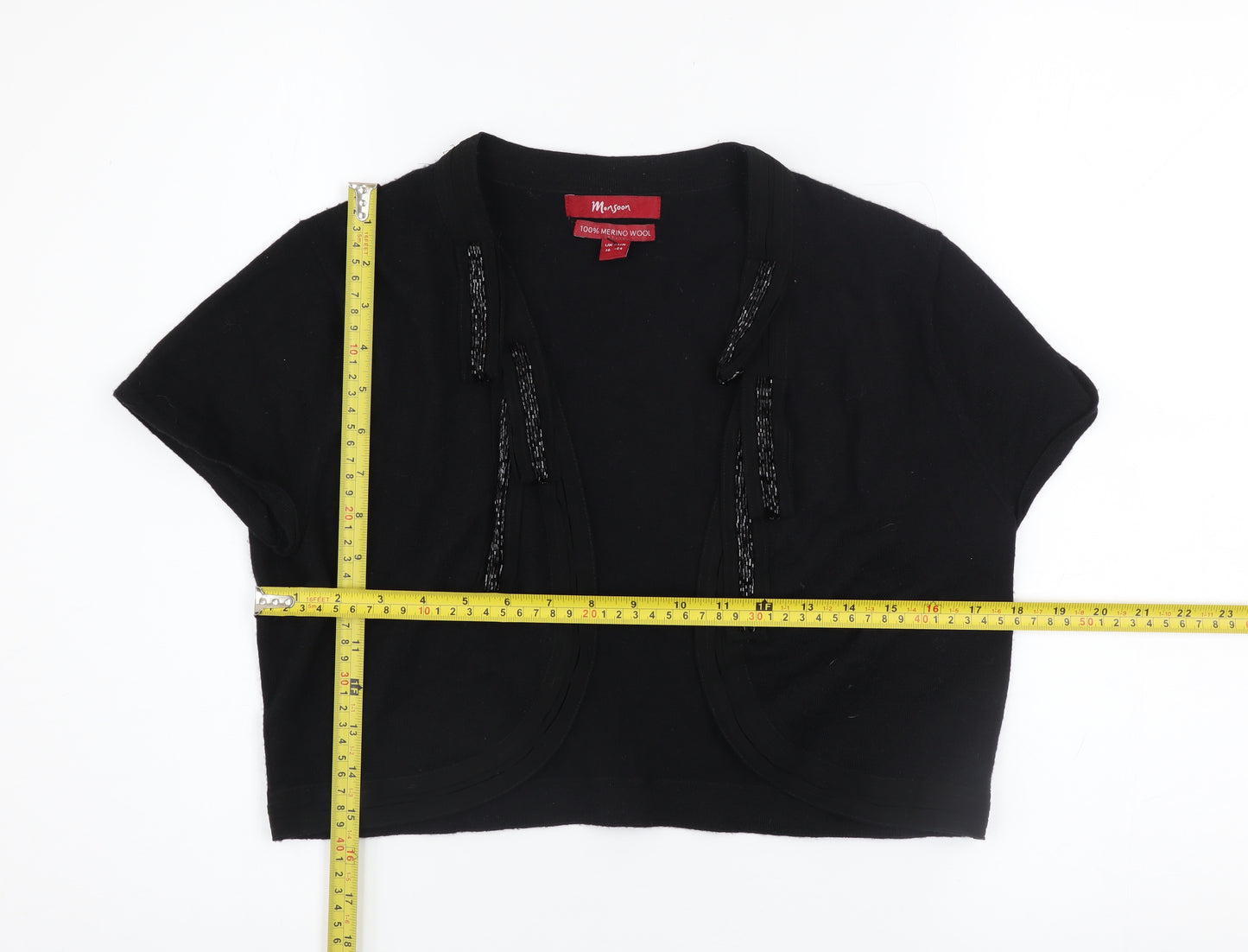 Monsoon Women’s Black Merino Wool Beaded Shrug Size 16 Short Sleeve