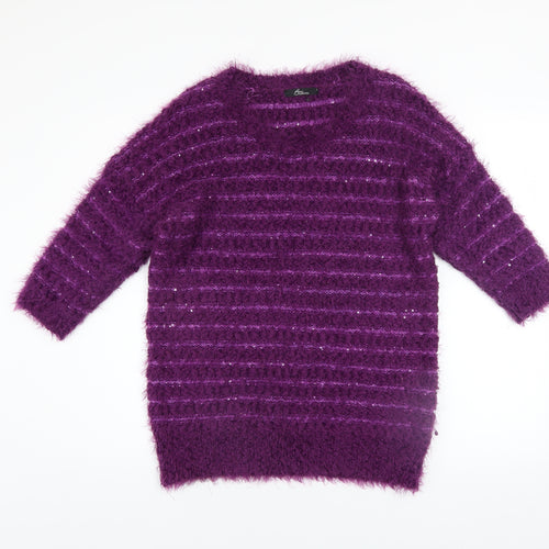 BM Collection Women's Purple Sequin Open-Knit Pullover Jumper Size S