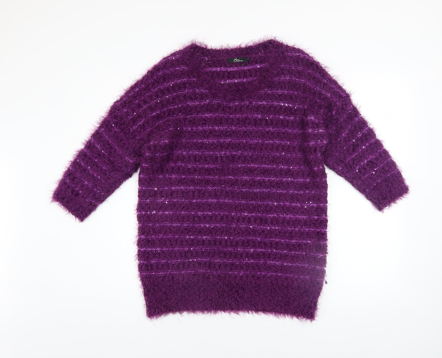BM Collection Women's Purple Sequin Open-Knit Pullover Jumper Size S