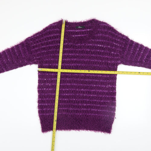 BM Collection Women's Purple Sequin Open-Knit Pullover Jumper Size S