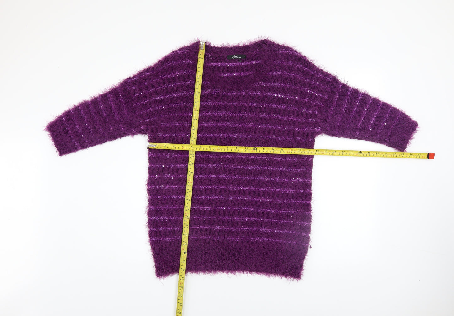 BM Collection Women's Purple Sequin Open-Knit Pullover Jumper Size S