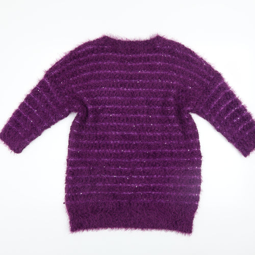 BM Collection Women's Purple Sequin Open-Knit Pullover Jumper Size S