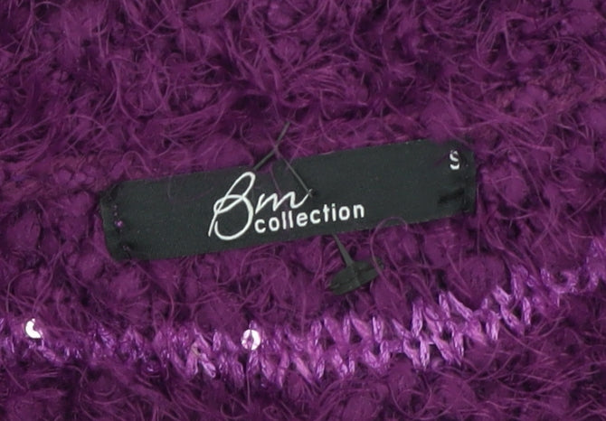 BM Collection Women's Purple Sequin Open-Knit Pullover Jumper Size S