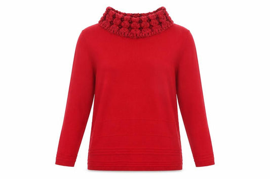 Front view of Isle Collection Women's Red Cowl Neck Long Sleeve jumper, size S