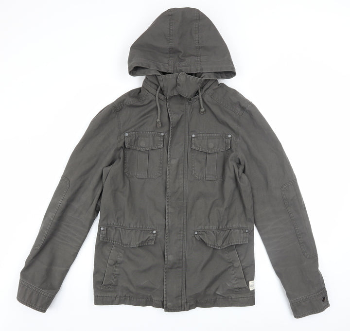 Jeanswest Men's Grey Cotton Hooded Military Jacket Size S