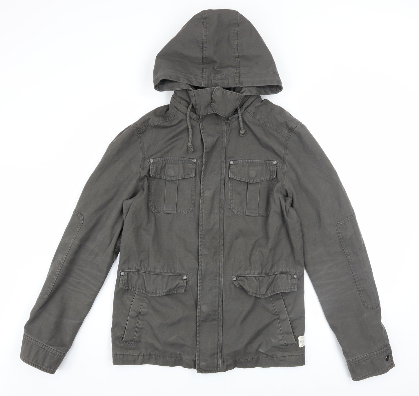 Jeanswest Men's Grey Cotton Hooded Military Jacket Size S