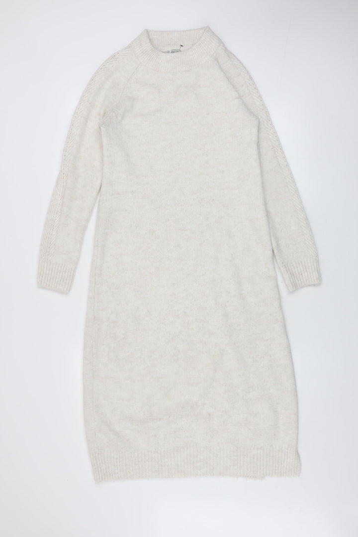 Pimkie Women Ivory Knit Jumper Dress S High Neck Long Sleeve Winter