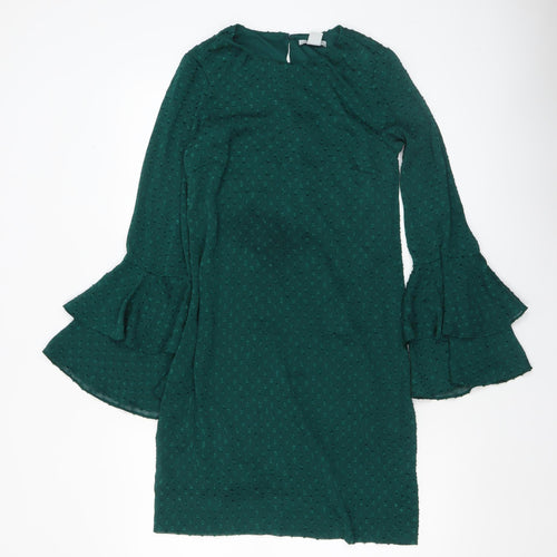 H&M Women Green Ruffle Bell Sleeve Shift Dress Size 6
