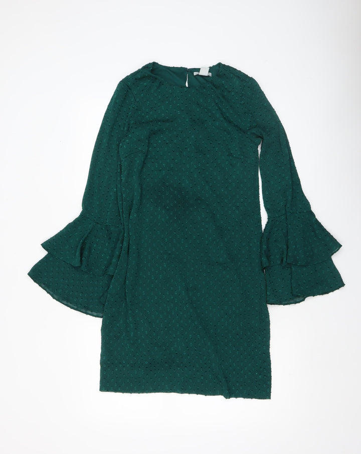 H&M Women Green Ruffle Bell Sleeve Shift Dress Size 6
