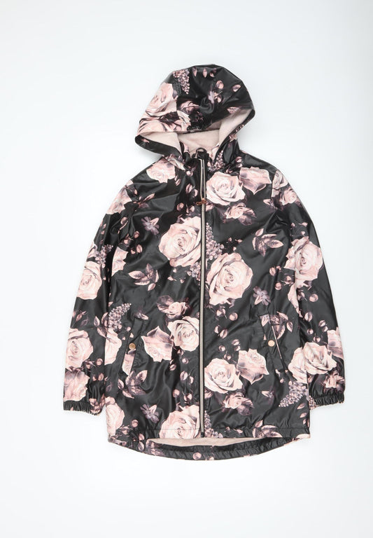 Firetrap Girls Black Floral Hooded Rain Coat 11-12 Years Lined Waterproof