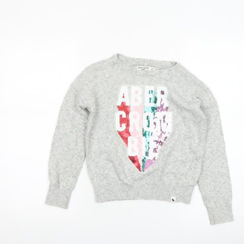 Abercrombie Kids Girls Grey Sequin Logo Jumper Size 7/8 Cotton Pullover