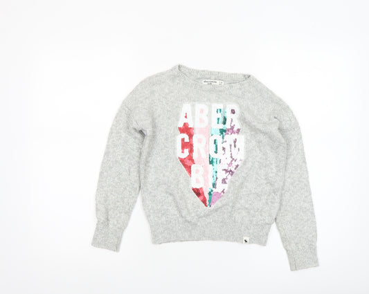Abercrombie Kids Girls Grey Sequin Logo Jumper Size 7/8 Cotton Pullover