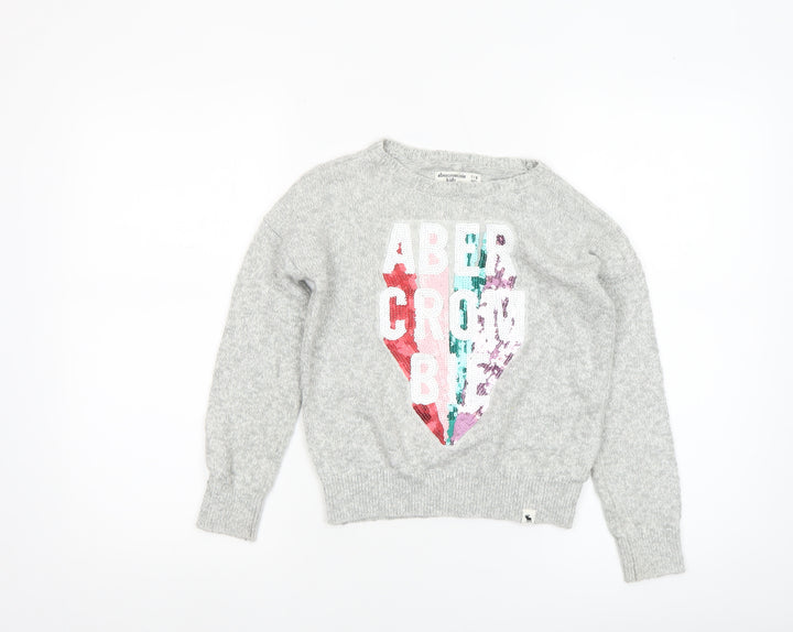 Abercrombie Kids Girls Grey Sequin Logo Jumper Size 7/8 Cotton Pullover