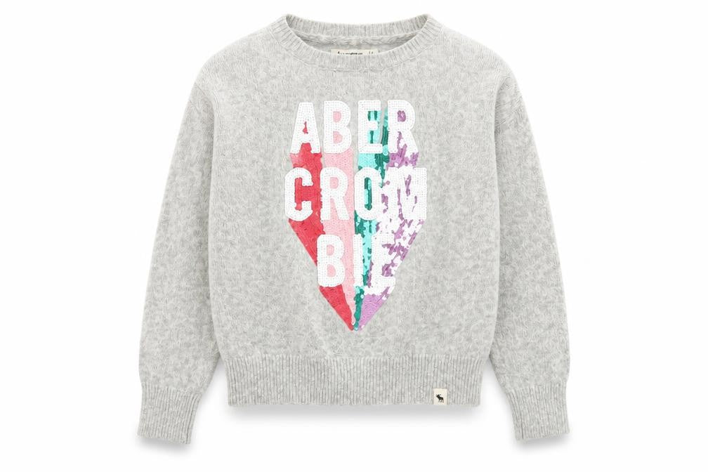 Front view of Abercrombie & Fitch Kids girls’ grey sequin logo jumper, size 7/8, cotton pullover