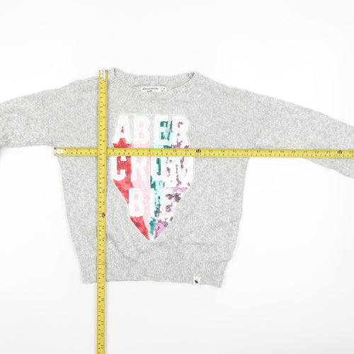 Abercrombie Kids Girls Grey Sequin Logo Jumper Size 7/8 Cotton Pullover