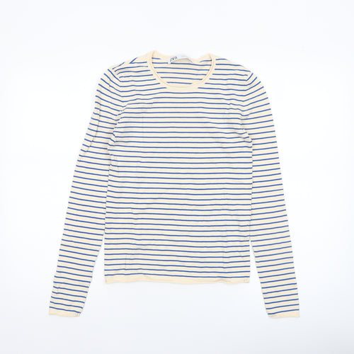 Zara Women Beige Blue Striped Crew Neck Pullover Jumper Size 12