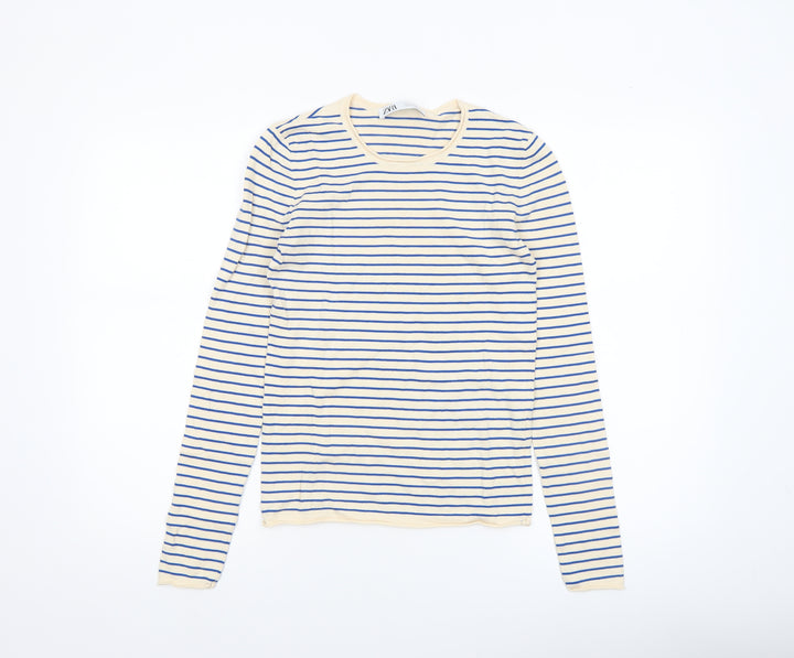 Zara Women Beige Blue Striped Crew Neck Pullover Jumper Size 12