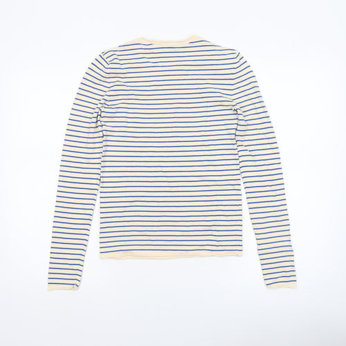 Zara Women Beige Blue Striped Crew Neck Pullover Jumper Size 12