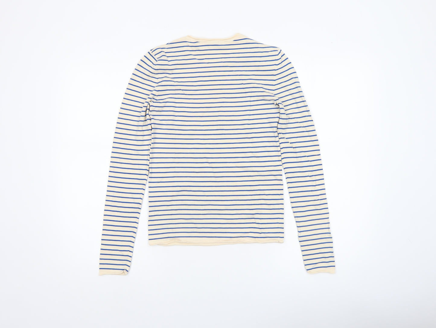 Zara Women Beige Blue Striped Crew Neck Pullover Jumper Size 12