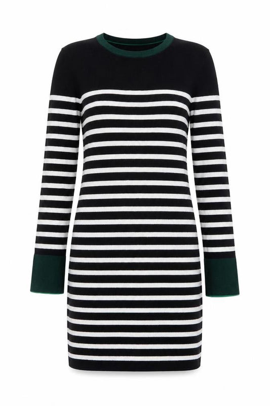 Front view of Warehouse Women’s Black Striped Jumper Dress, size UK 8, Knit Long Sleeve