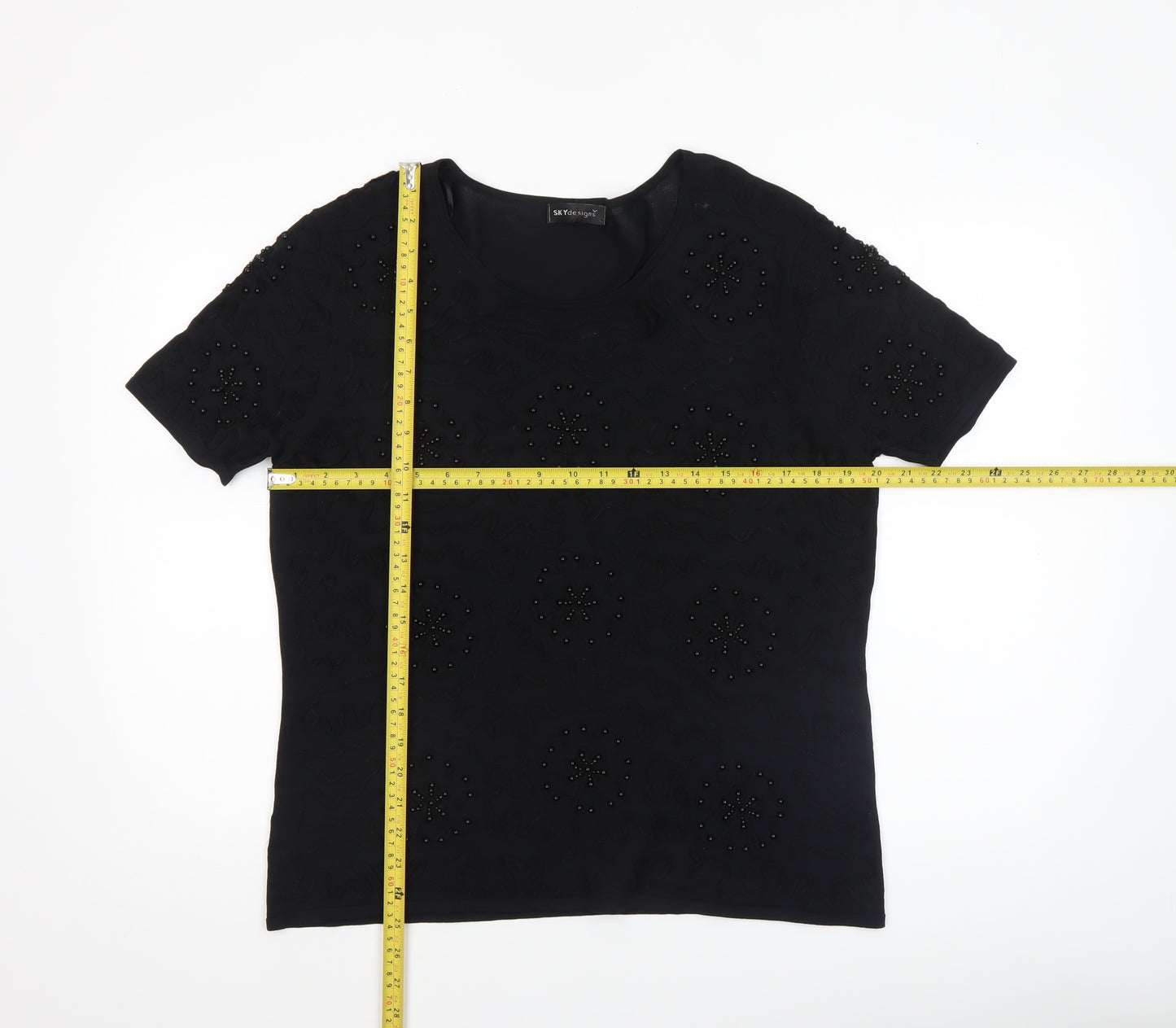 SKY Designs Women’s Black Beaded Short Sleeve Knit Top Size 4