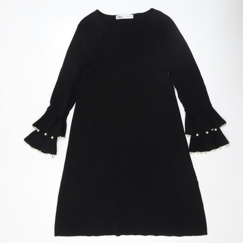 ZARA Women Black M Shift Dress Long Bell Sleeves Beaded Cocktail