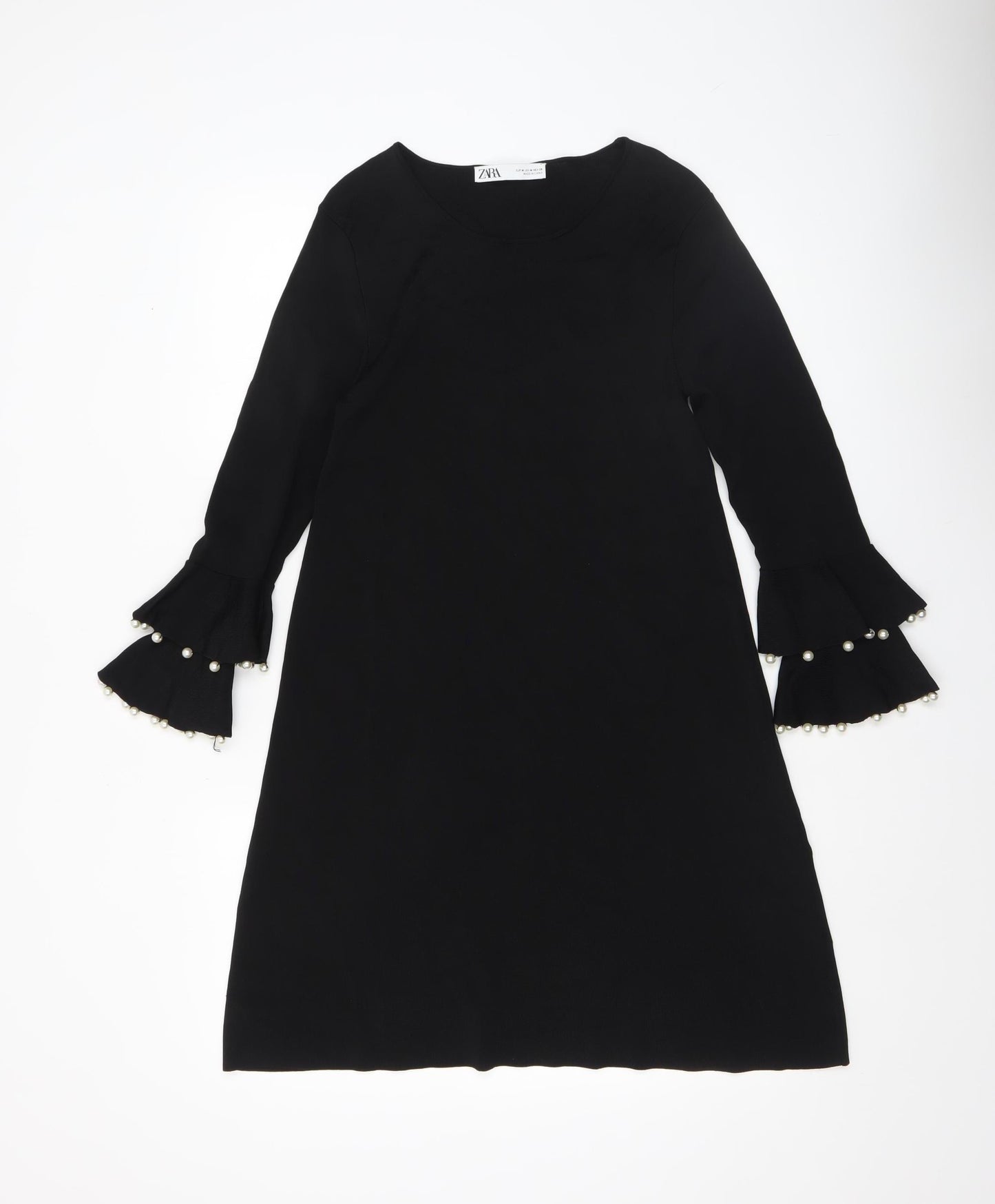 ZARA Women Black M Shift Dress Long Bell Sleeves Beaded Cocktail