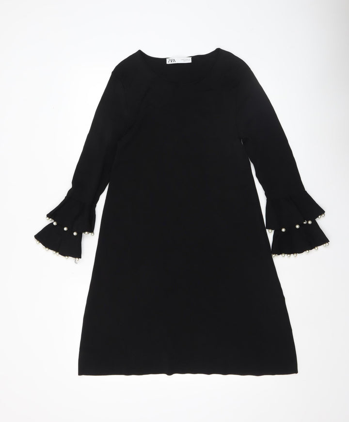 ZARA Women Black M Shift Dress Long Bell Sleeves Beaded Cocktail