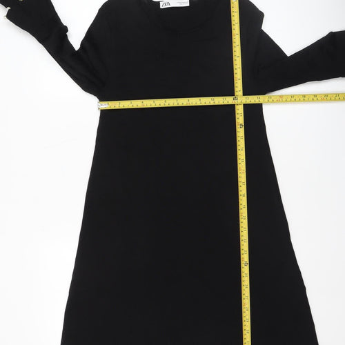 ZARA Women Black M Shift Dress Long Bell Sleeves Beaded Cocktail
