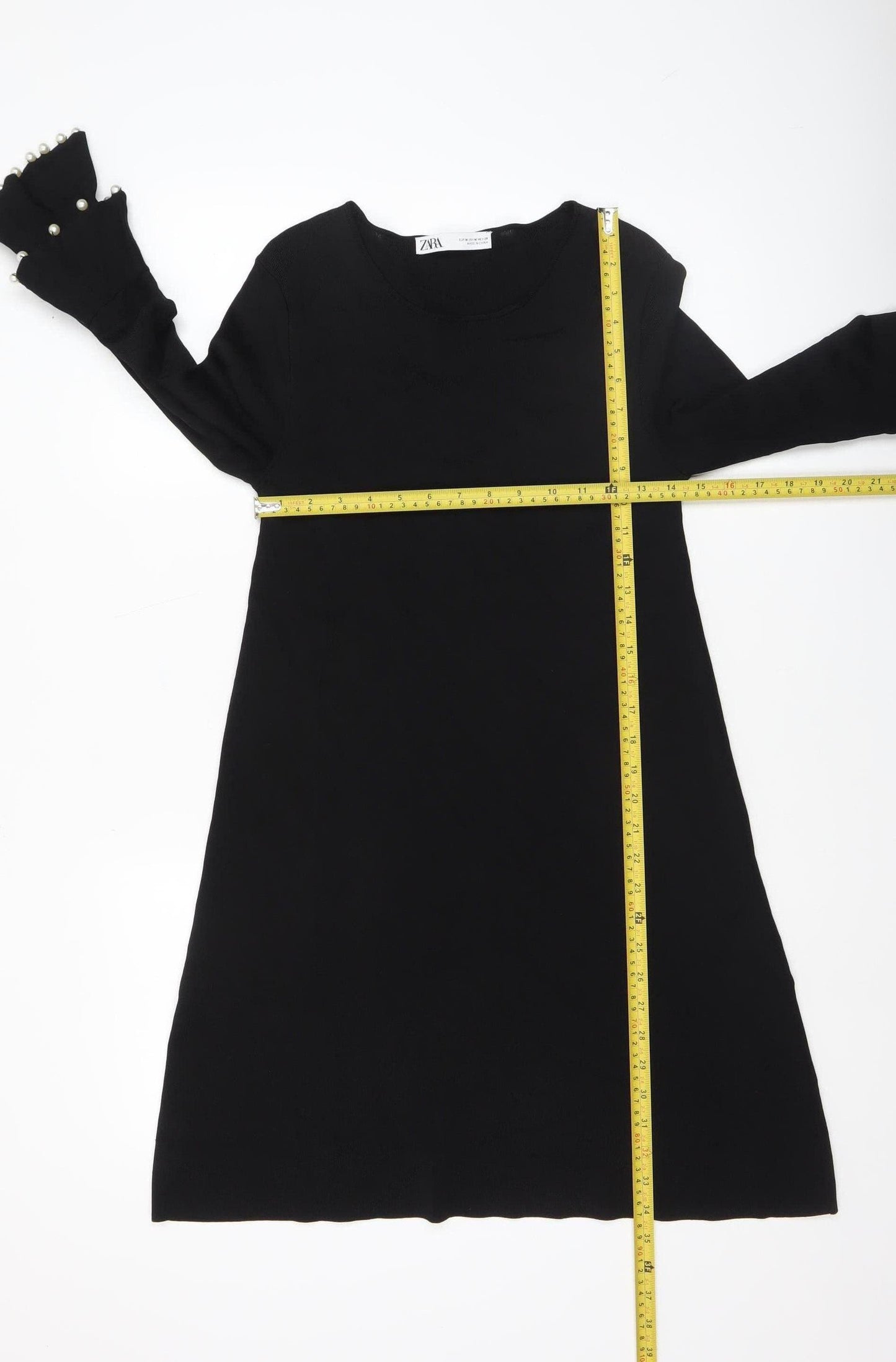 ZARA Women Black M Shift Dress Long Bell Sleeves Beaded Cocktail