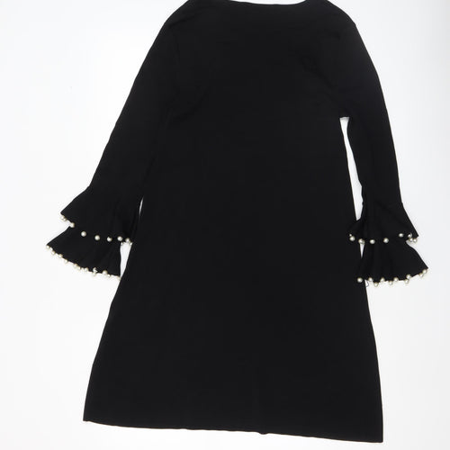 ZARA Women Black M Shift Dress Long Bell Sleeves Beaded Cocktail